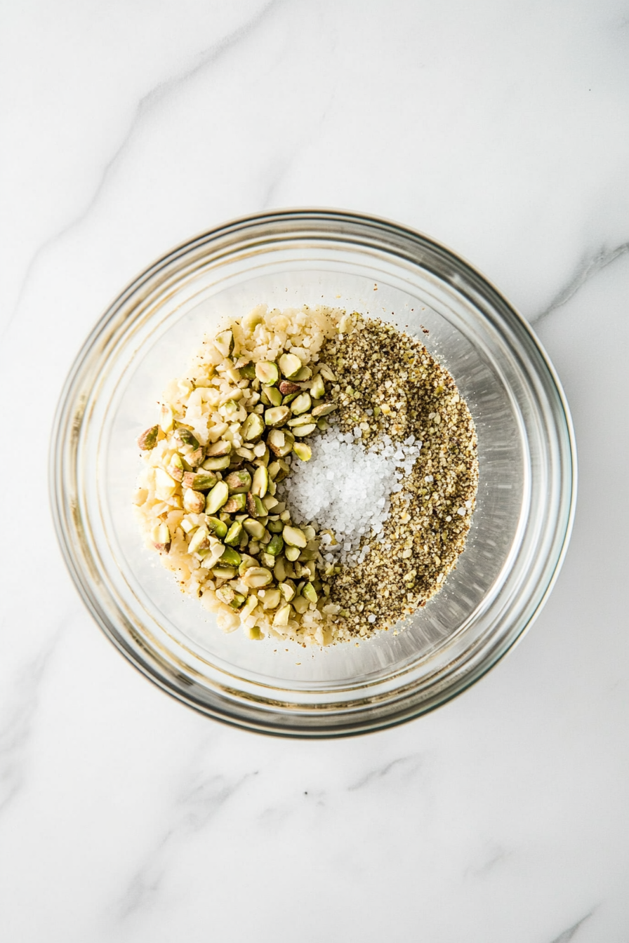 In a bowl, mix chopped pistachios and breadcrumbs with a pinch of salt and pepper.