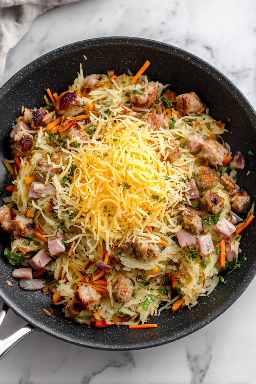 Mix everything together in the skillet. Sprinkle cheddar cheese evenly on top and let it melt.