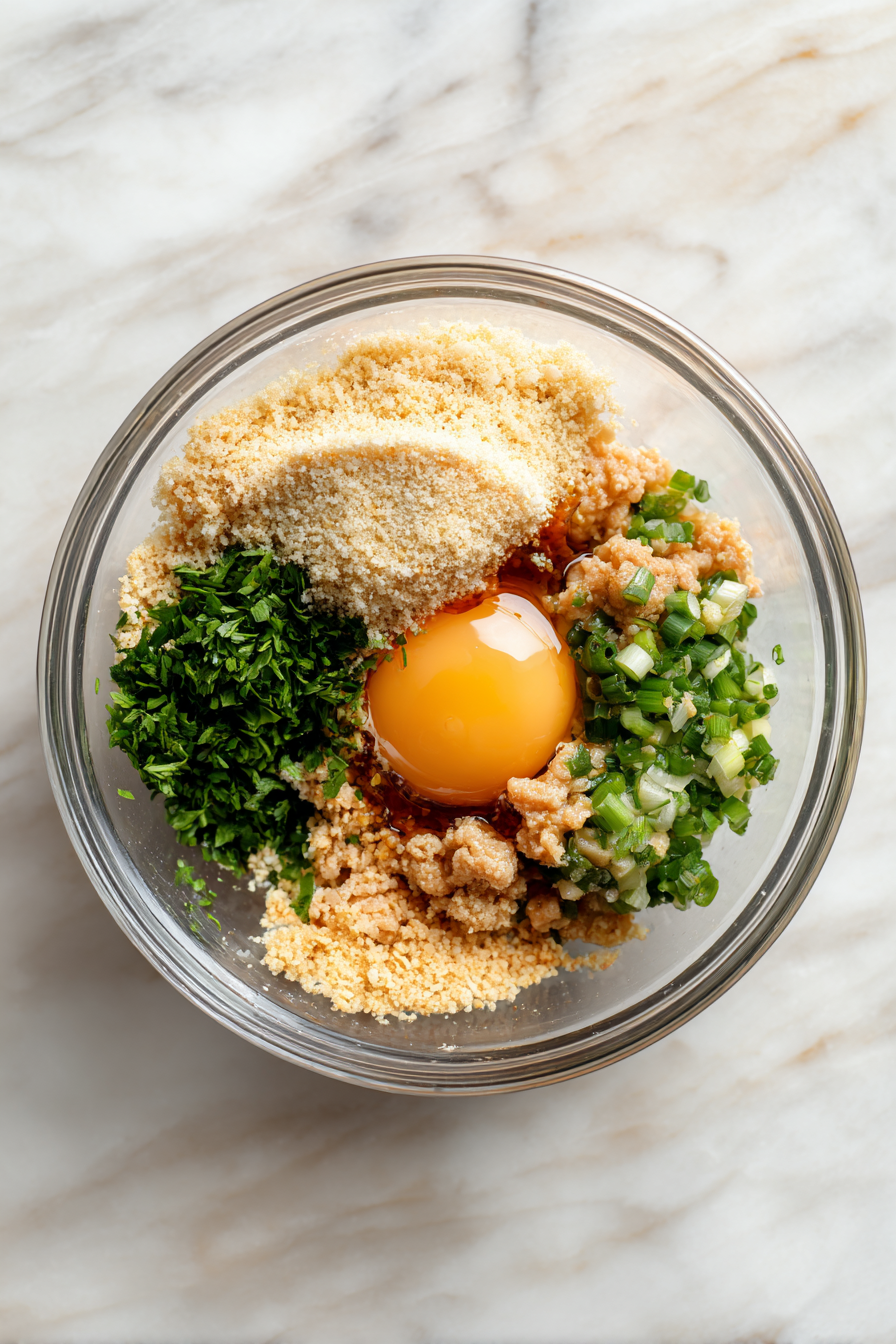 In a mixing bowl, combine ground turkey, breadcrumbs, egg, green onions, soy sauce, ginger, garlic, and parsley.