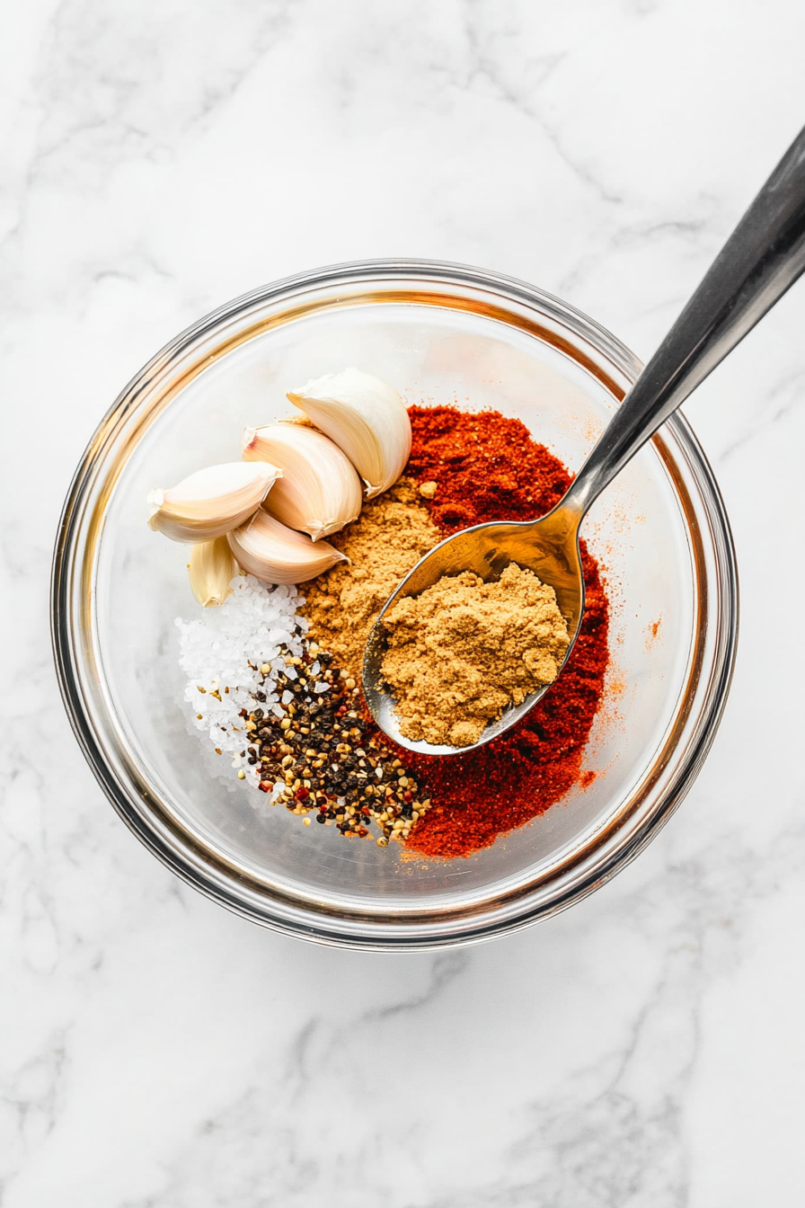 In a small bowl, mix garlic powder, onion powder, mustard powder, paprika, salt, and pepper.