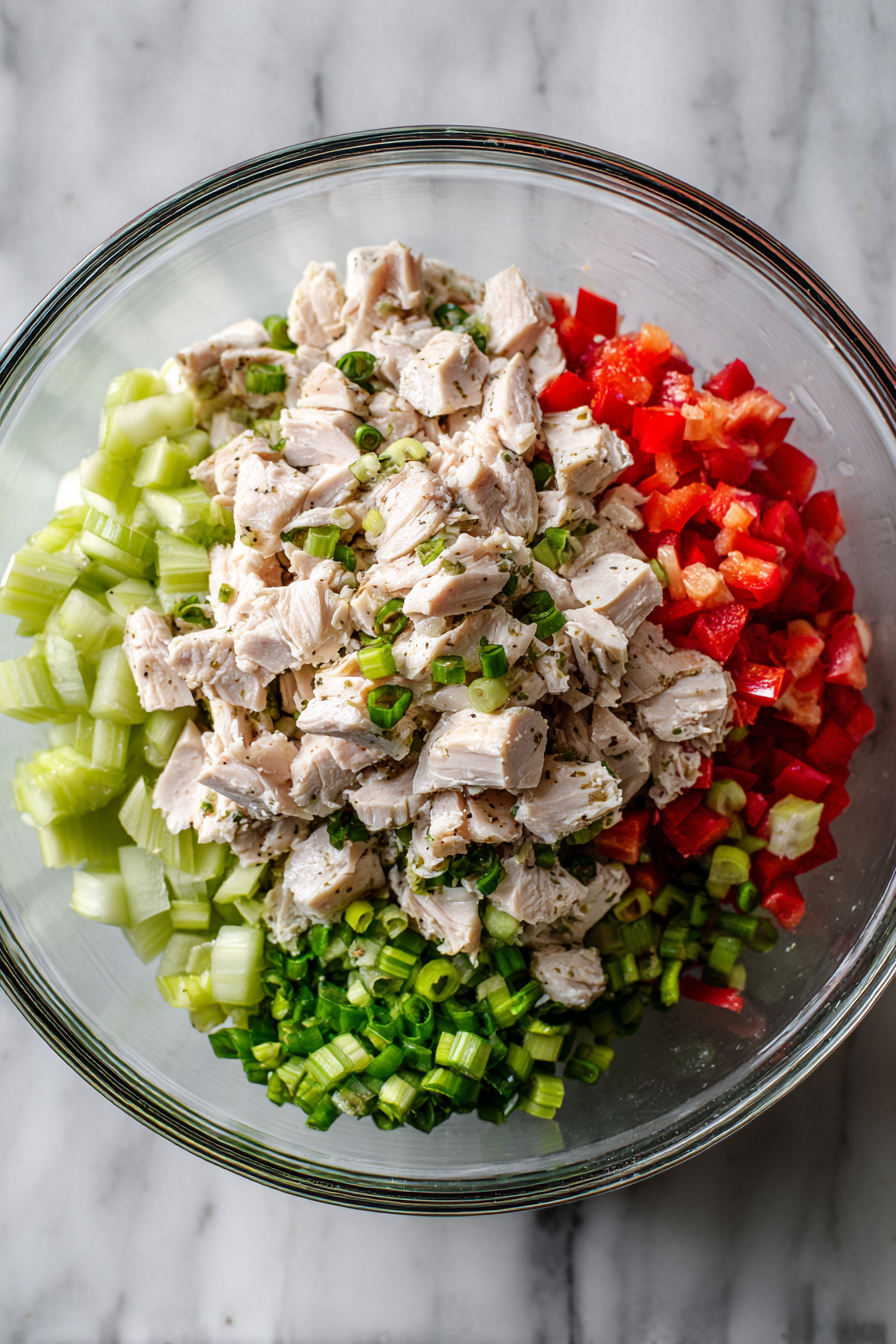 In a large bowl, combine turkey and chopped vegetables.
