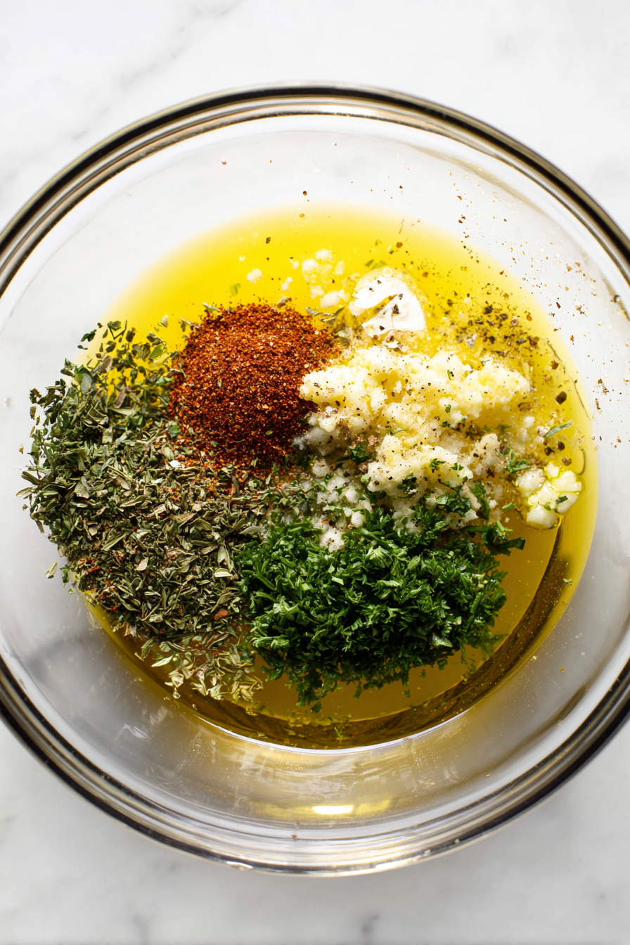 In a bowl, whisk together olive oil, lemon juice, garlic, parsley, and spices.