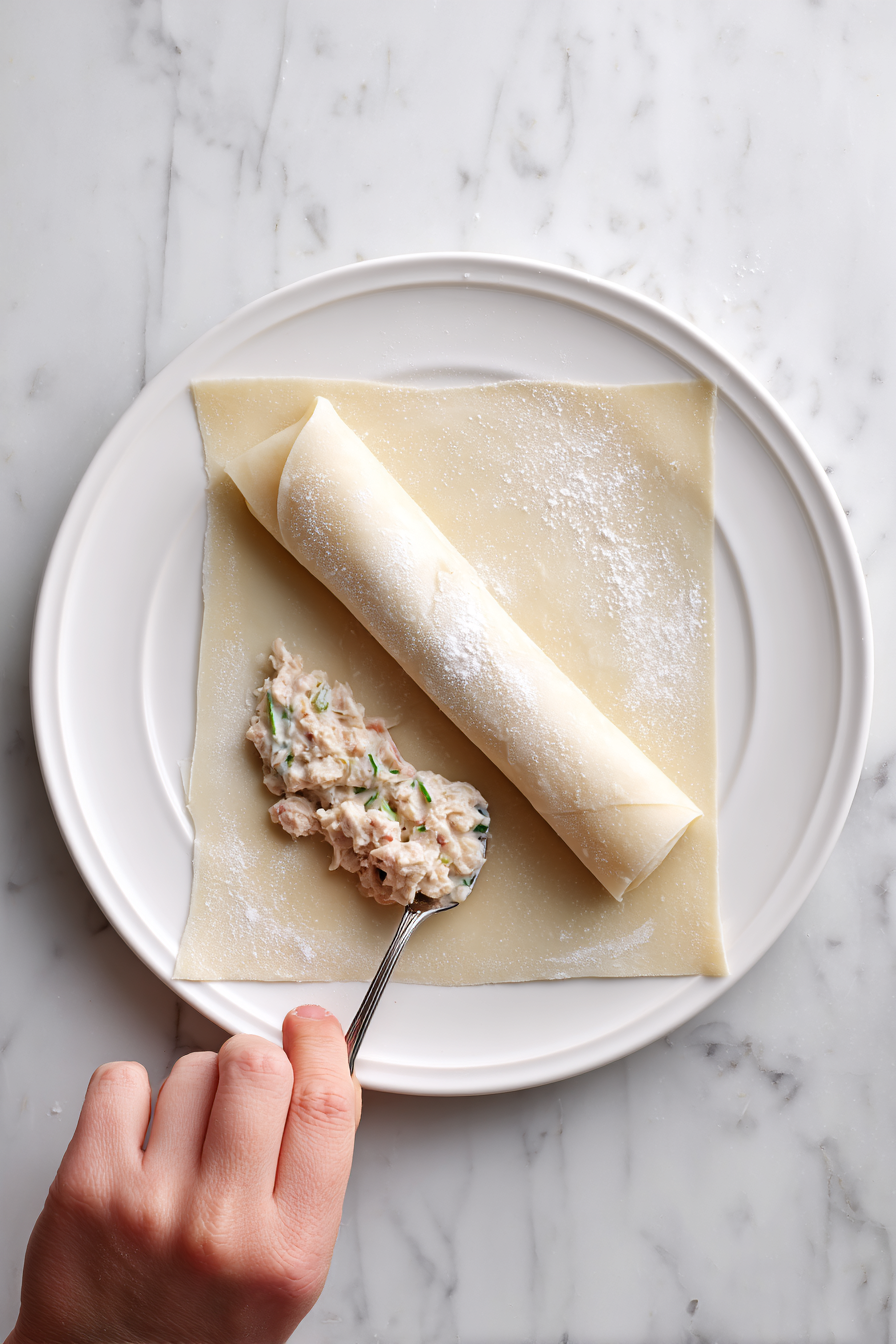 Place filling on spring roll sheets, roll tightly, and seal edges with flour paste.
