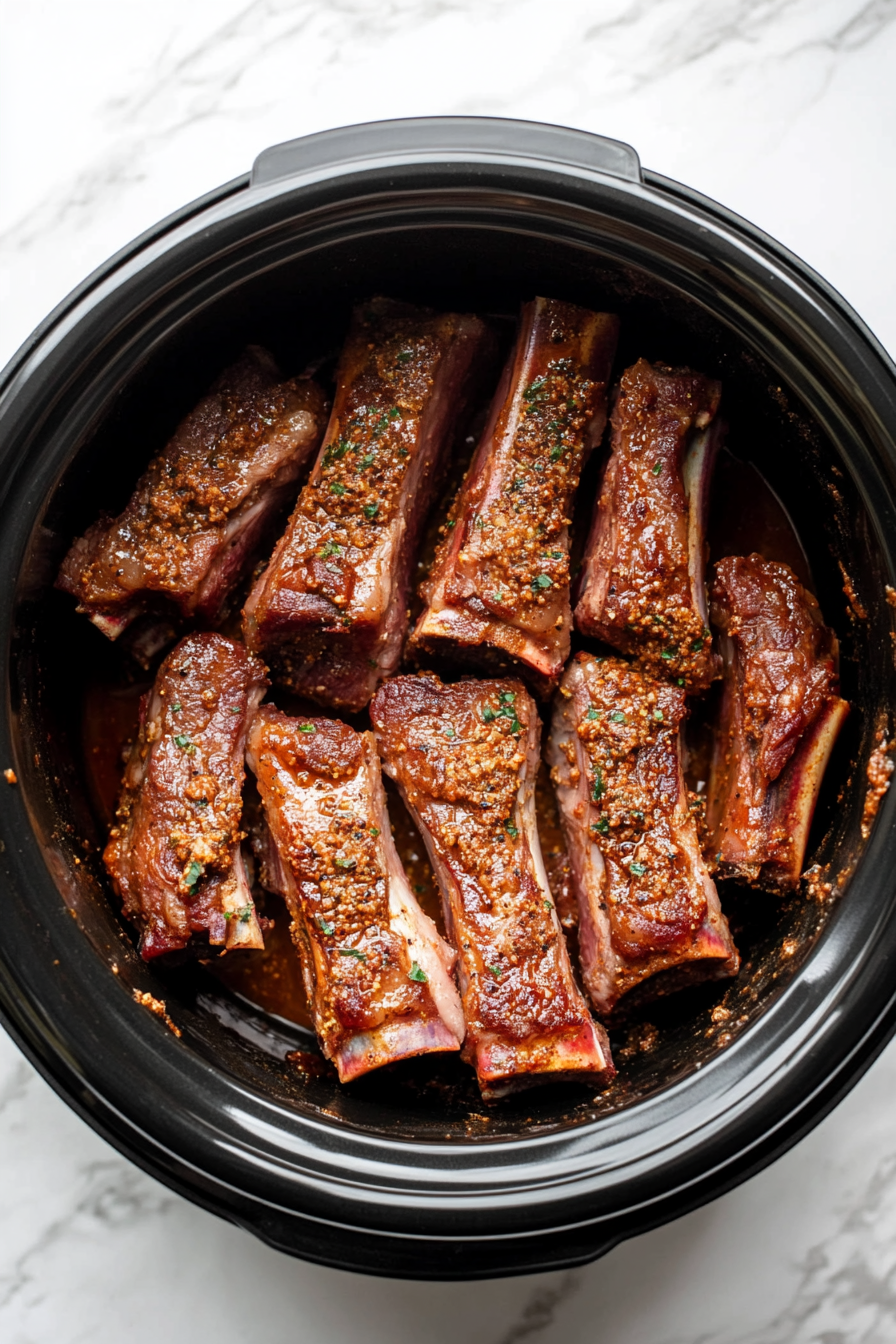Place the ribs in the slow cooker in a single layer.
