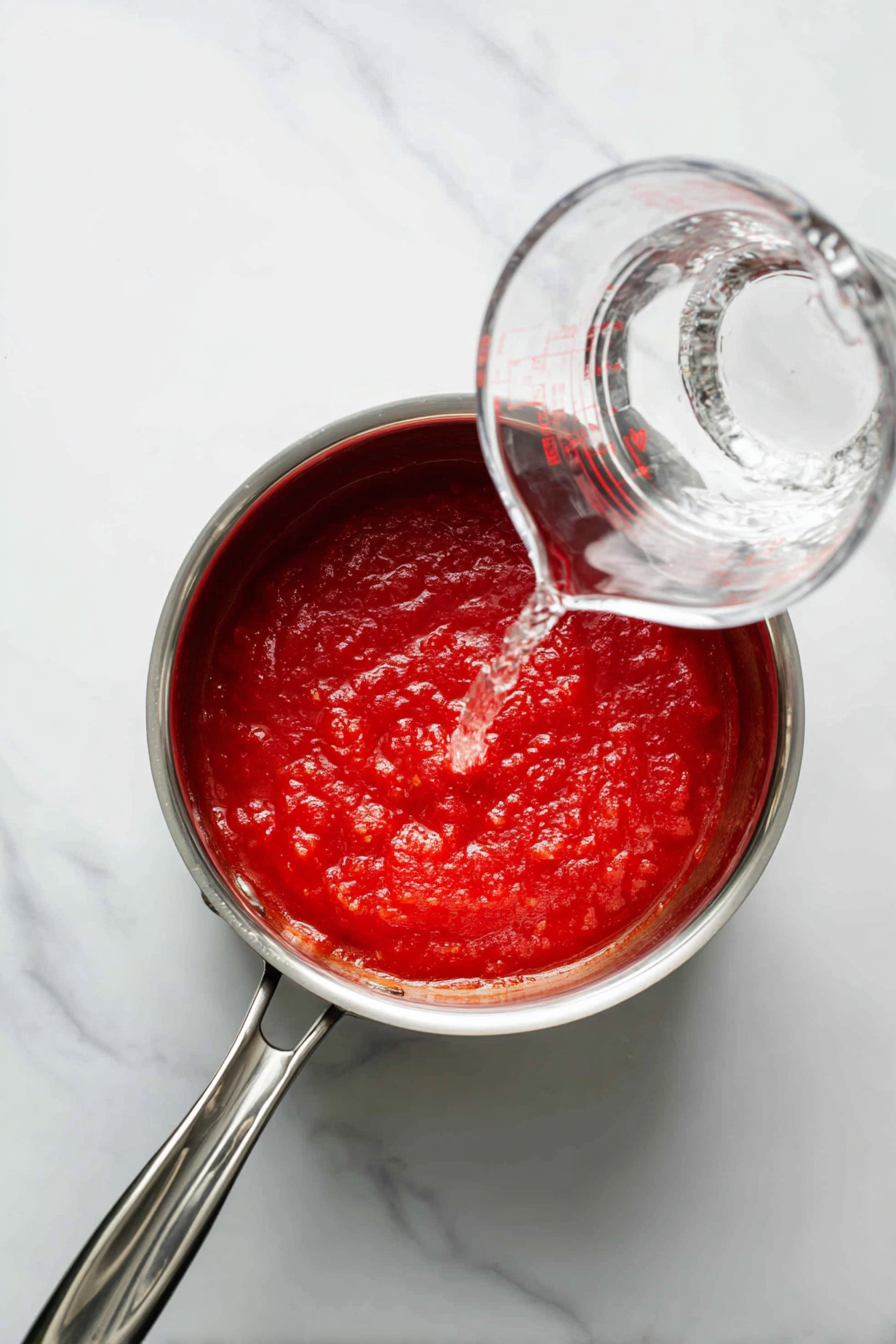 Pour tomato sauce and water into a medium saucepan.