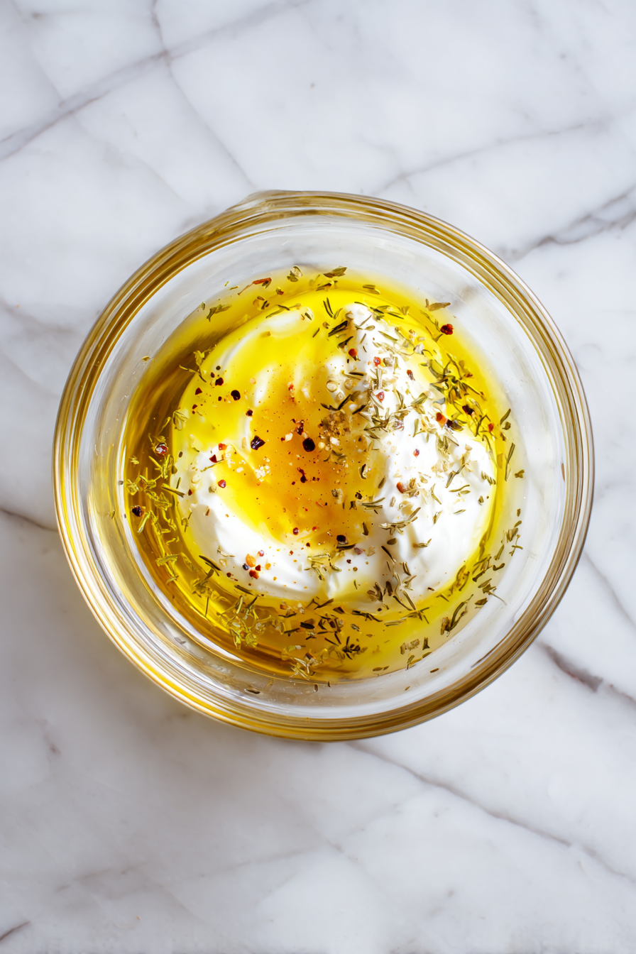 In a bowl, mix yogurt, oil, vinegar, garlic, and seasonings to make the chicken marinade.
