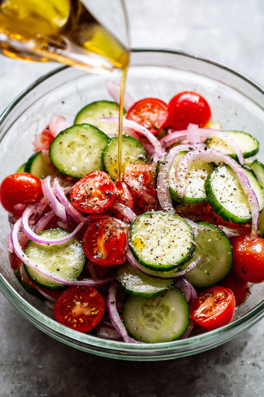 While marinating, prep the salad: slice cucumbers, tomatoes, and red onion, then toss with oil, vinegar, salt, and pepper.