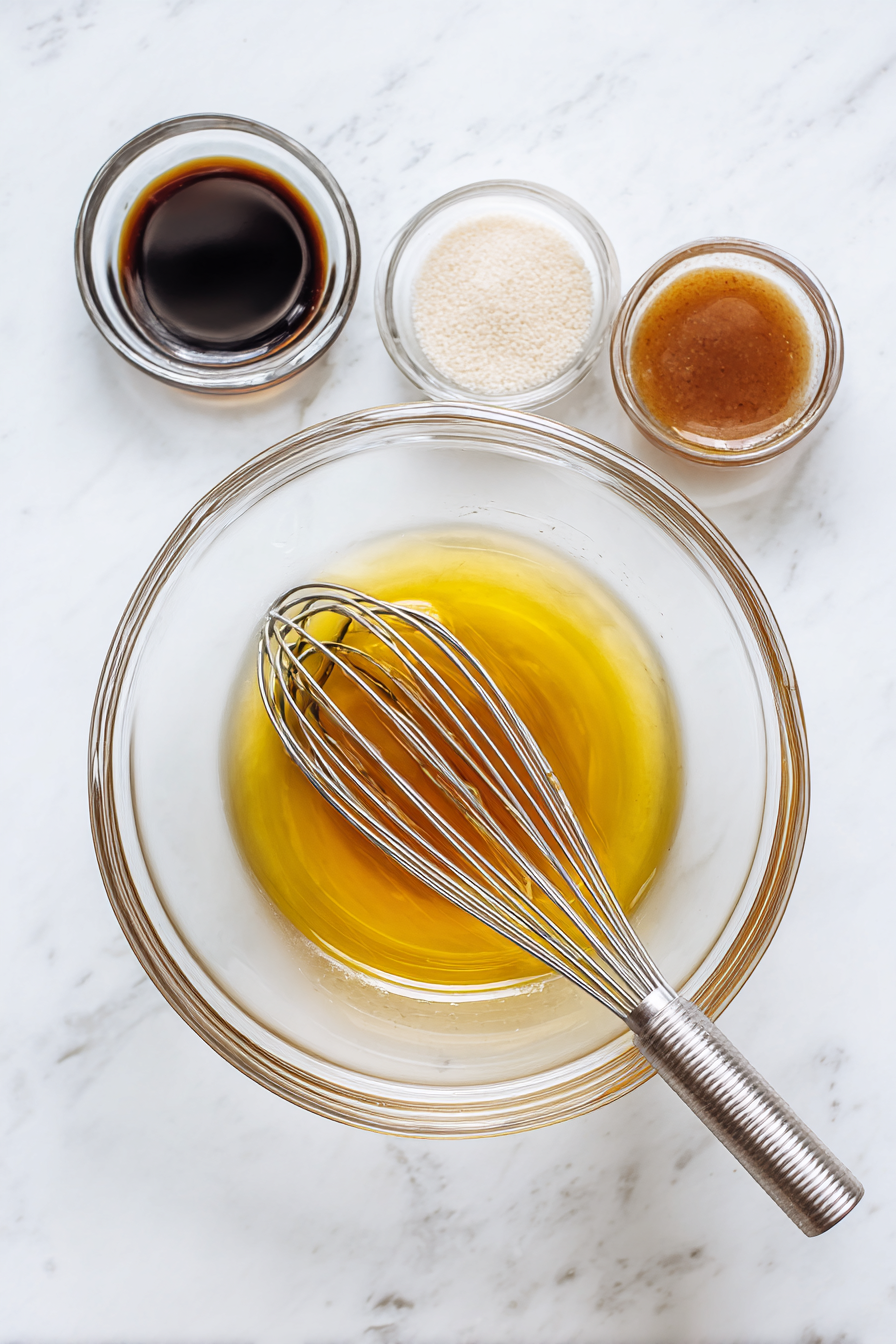 In a small bowl, whisk together vegetable oil, rice vinegar, brown sugar, sesame oil (optional), and soy sauce.
