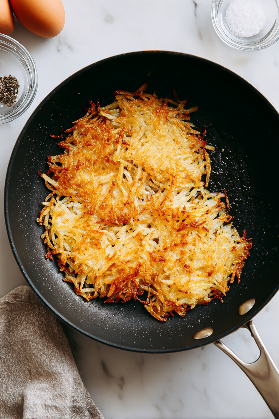 Push hash browns to one side of the skillet.