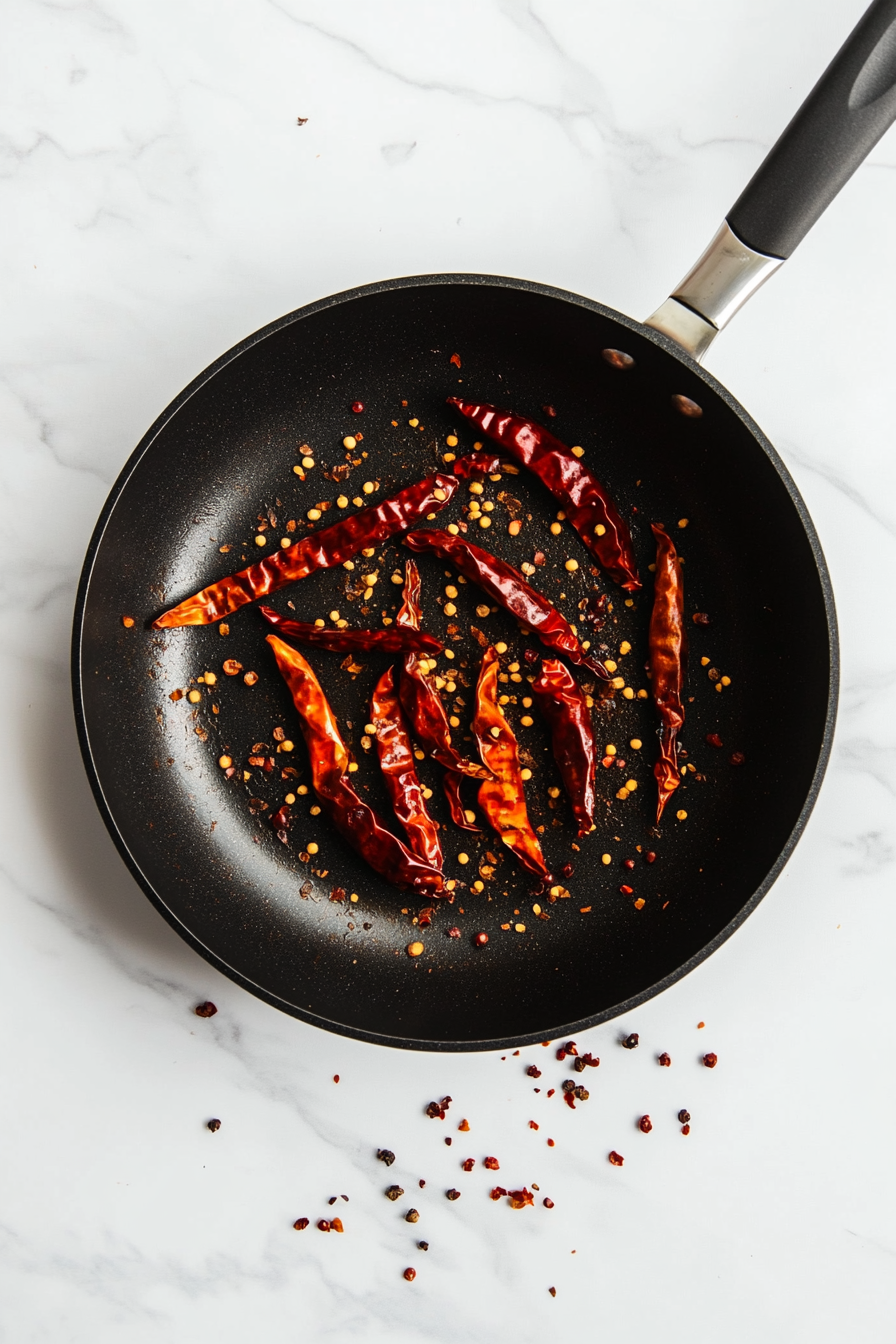 Roast dry red chilies and coriander seeds until aromatic; grind into a coarse powder.