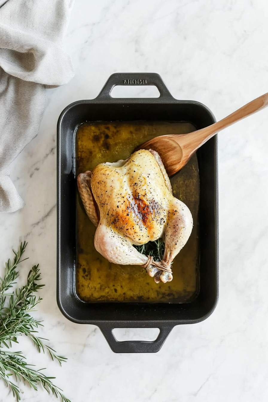 Rub olive oil over the chicken and place it breast side up in the roasting pan.