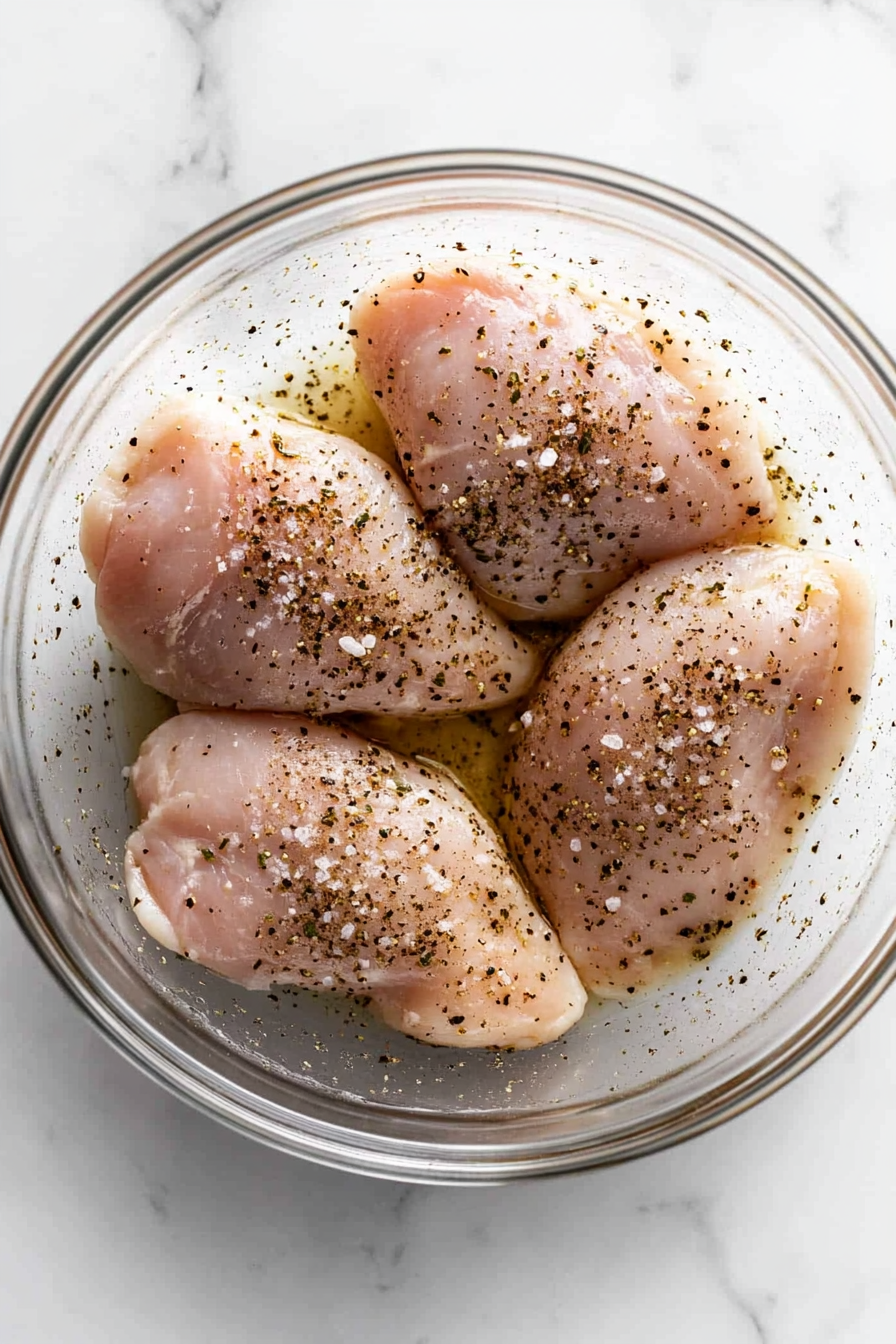 Season chicken breasts with salt, pepper, and half the oregano.