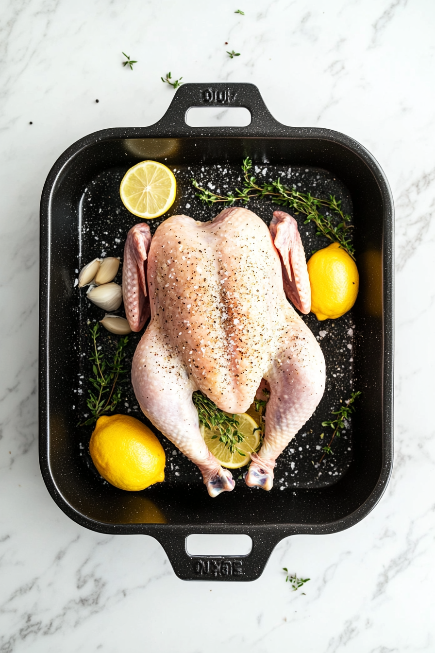Season the whole chicken inside and out with salt, pepper, and stuff the cavity with lemon halves, thyme, garlic, and bay leaf.