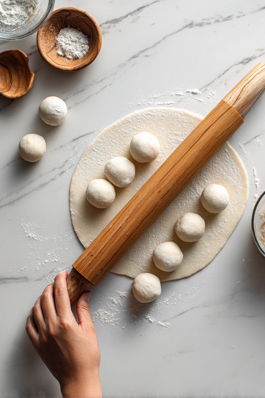 Shape each half into a cone and stuff it with the cooled chicken filling. Seal edges with water.