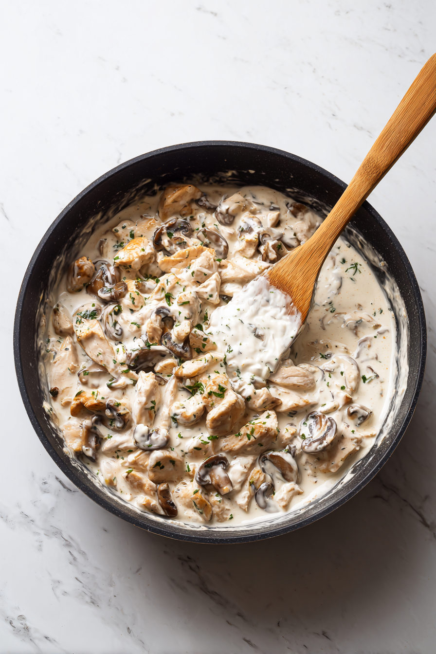 Lower heat, stir in sour cream gently.