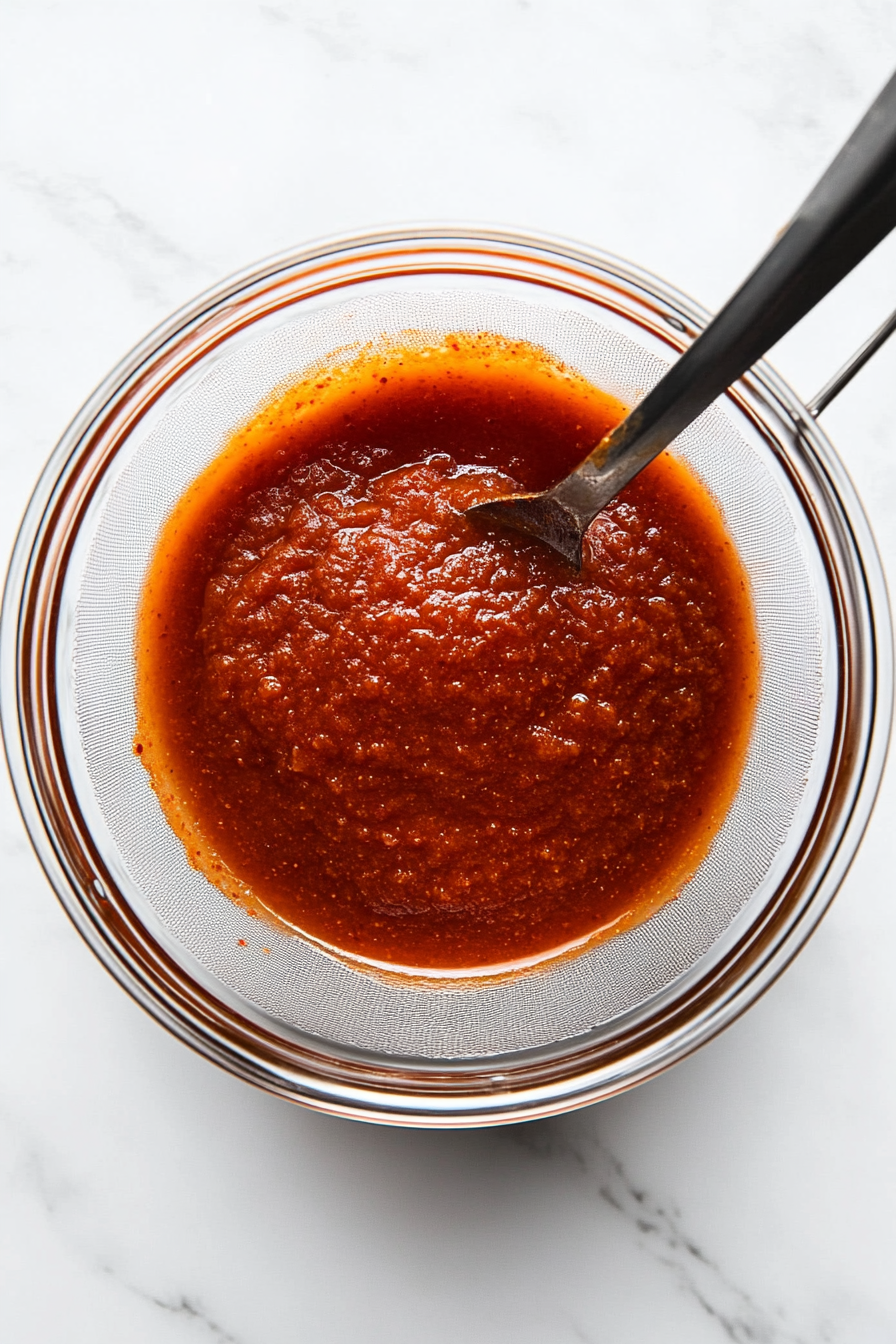 Strain sauce: Use a fine mesh strainer to remove solids for a smooth, rich chile sauce.