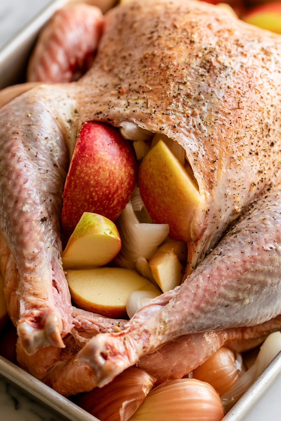 Stuff the cavity with apple and onion wedges.