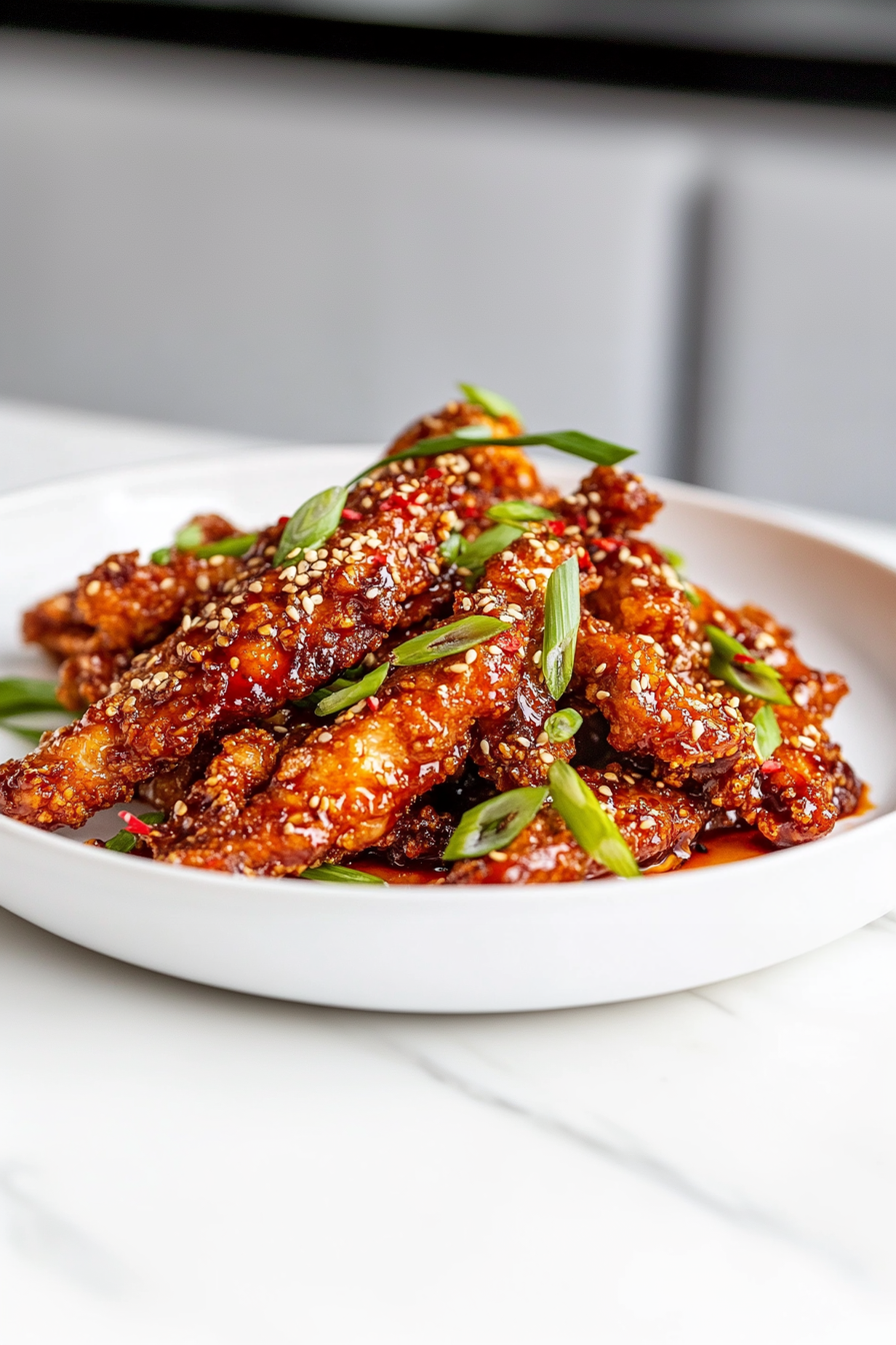 Sweet & Spicy Korean Chicken Recipe: Toss crispy chicken in warm sauce, garnish with spring onions, sesame seeds, and chilli flakes.