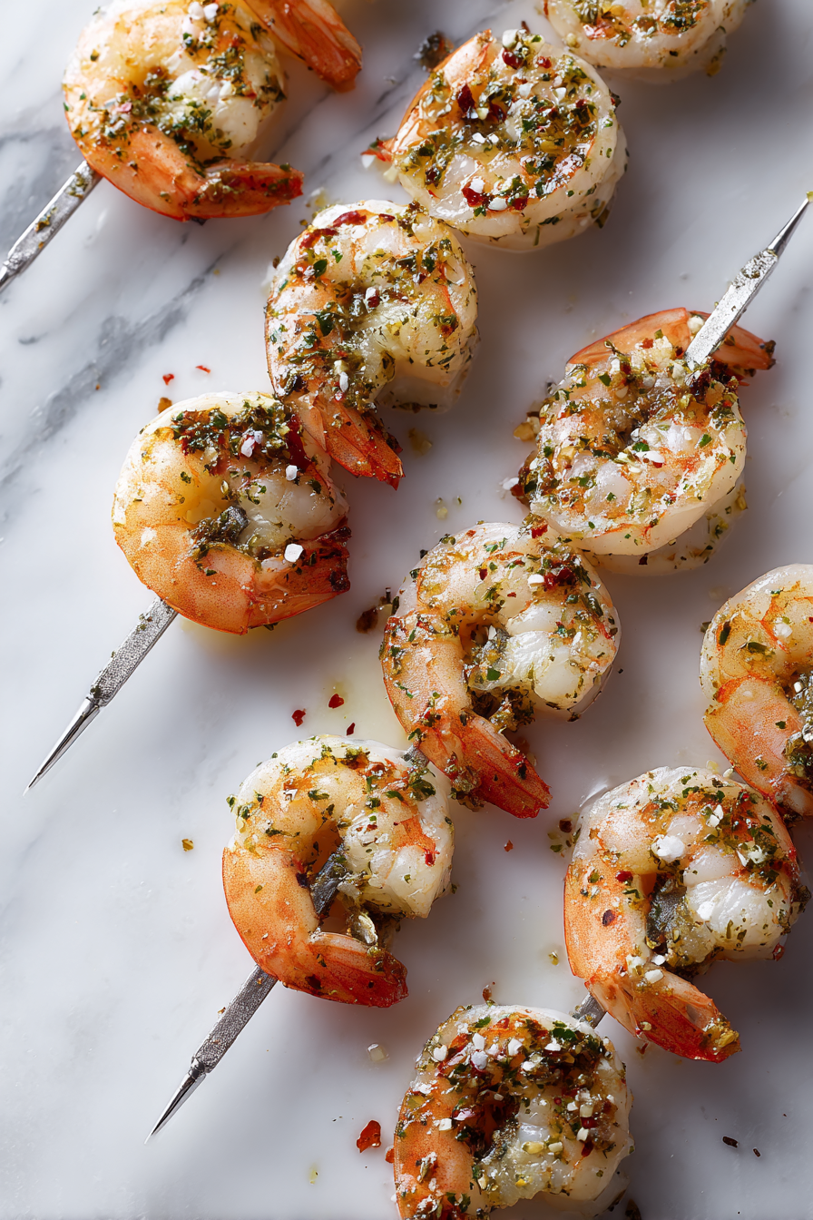 Thread shrimp onto skewers for easy handling.