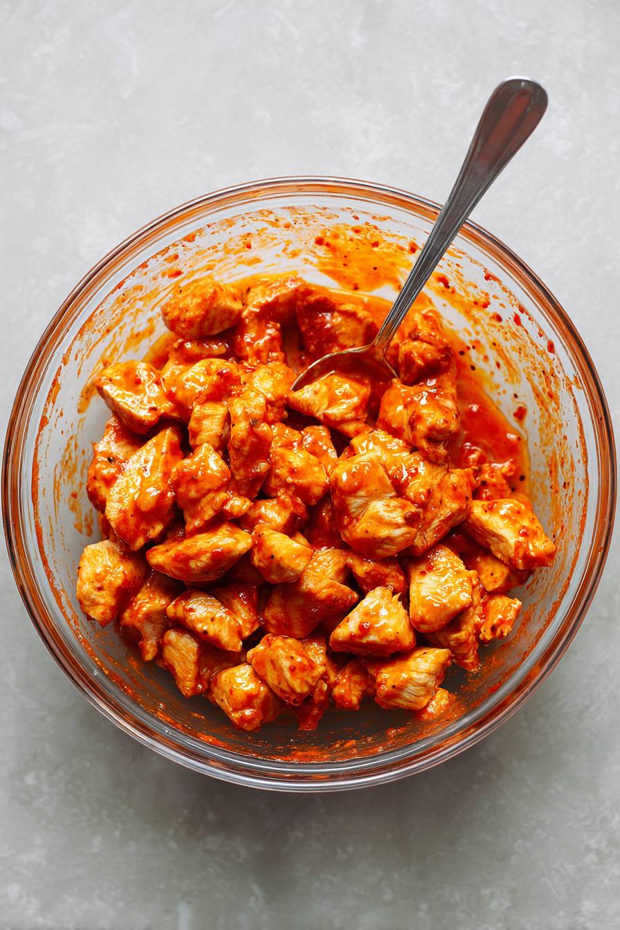 Toss diced cooked chicken into the sauce mixture.