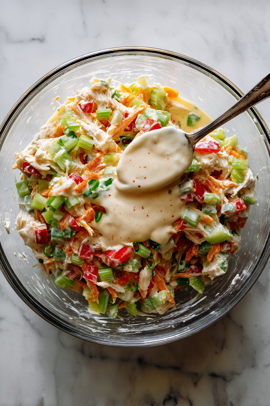 Pour the dressing over the turkey mixture.