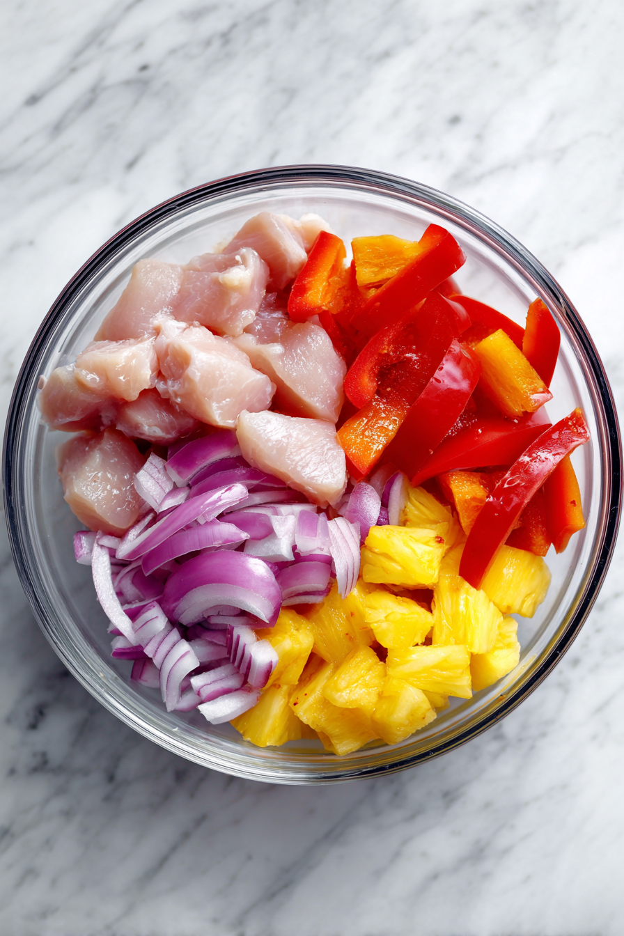 Add diced chicken, peppers, onions, and pineapple to a large bowl or directly on the sheet pan.