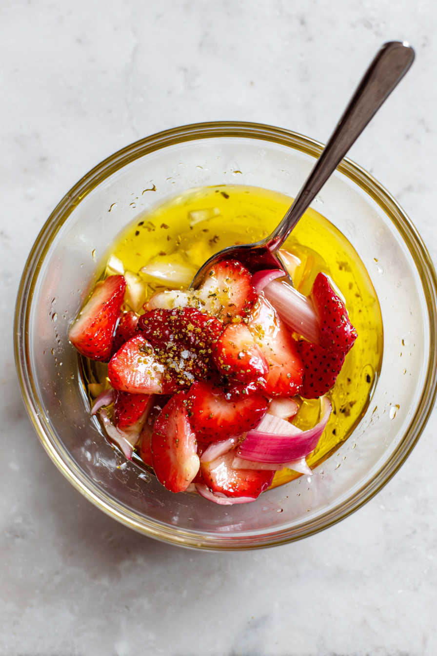 Drizzle in olive oil, lime juice, and honey.