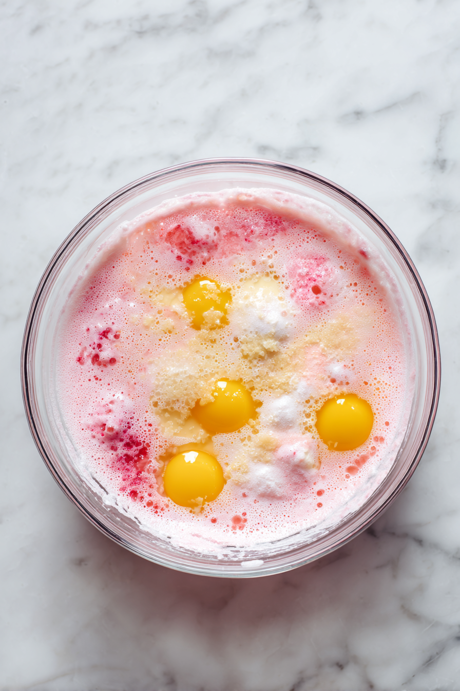 Beat in eggs one at a time, then mix in strawberry Jell-O powder.
