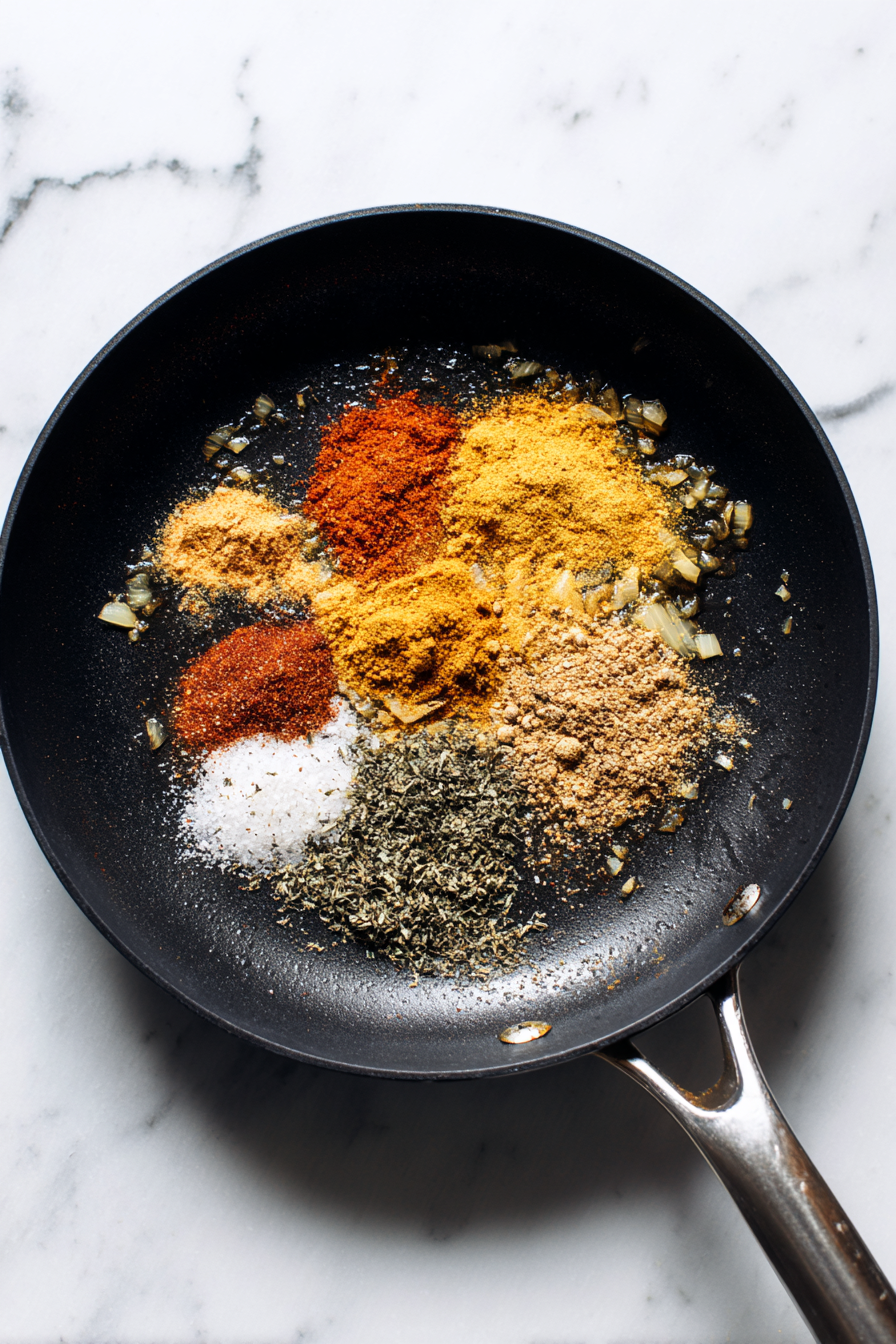 Add turmeric, chili powder, coriander, cumin powder, and salt; cook the masala base.