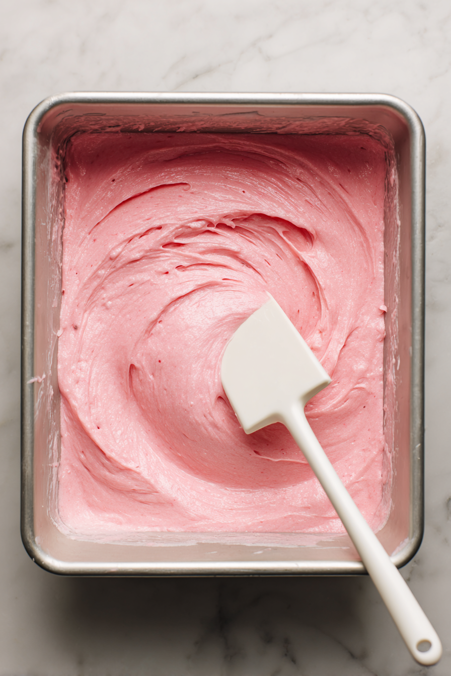 Stir in strawberry puree and vanilla extract until well combined. Pour the batter evenly into the prepared pan(s).