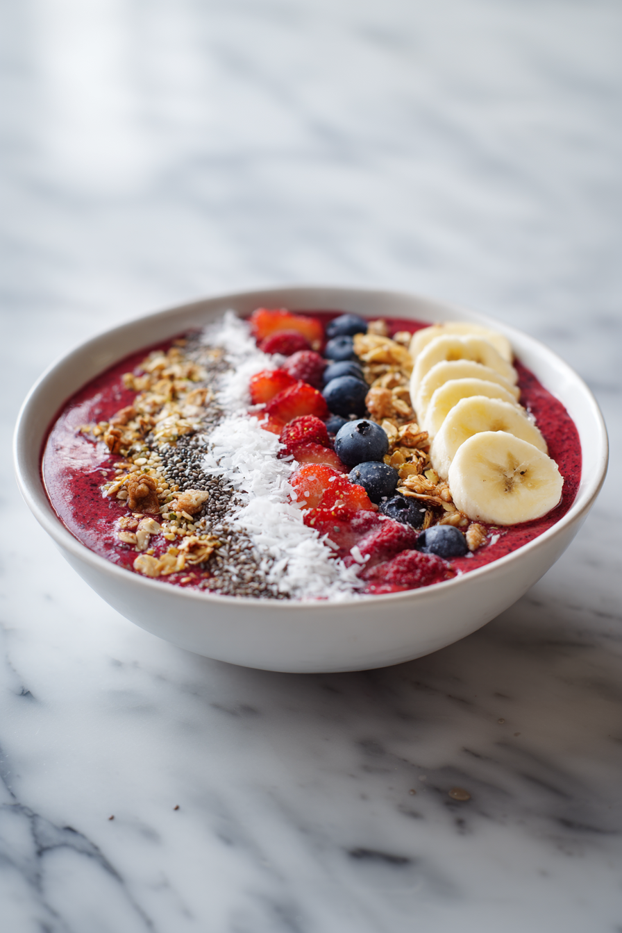 Top with shredded coconut, chia seeds, hemp seeds, fresh fruit, and granola. Serve immediately for best texture and taste. Enjoy your refreshing, nutrient-packed smoothie bowl!