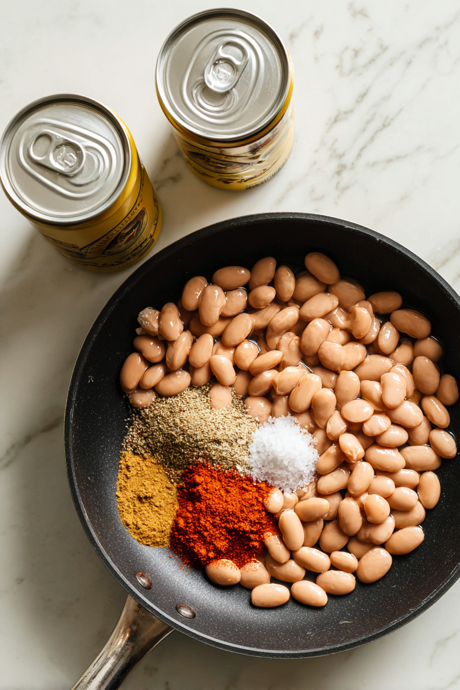 Add pinto beans (with some liquid), cumin, chili powder, and salt.
