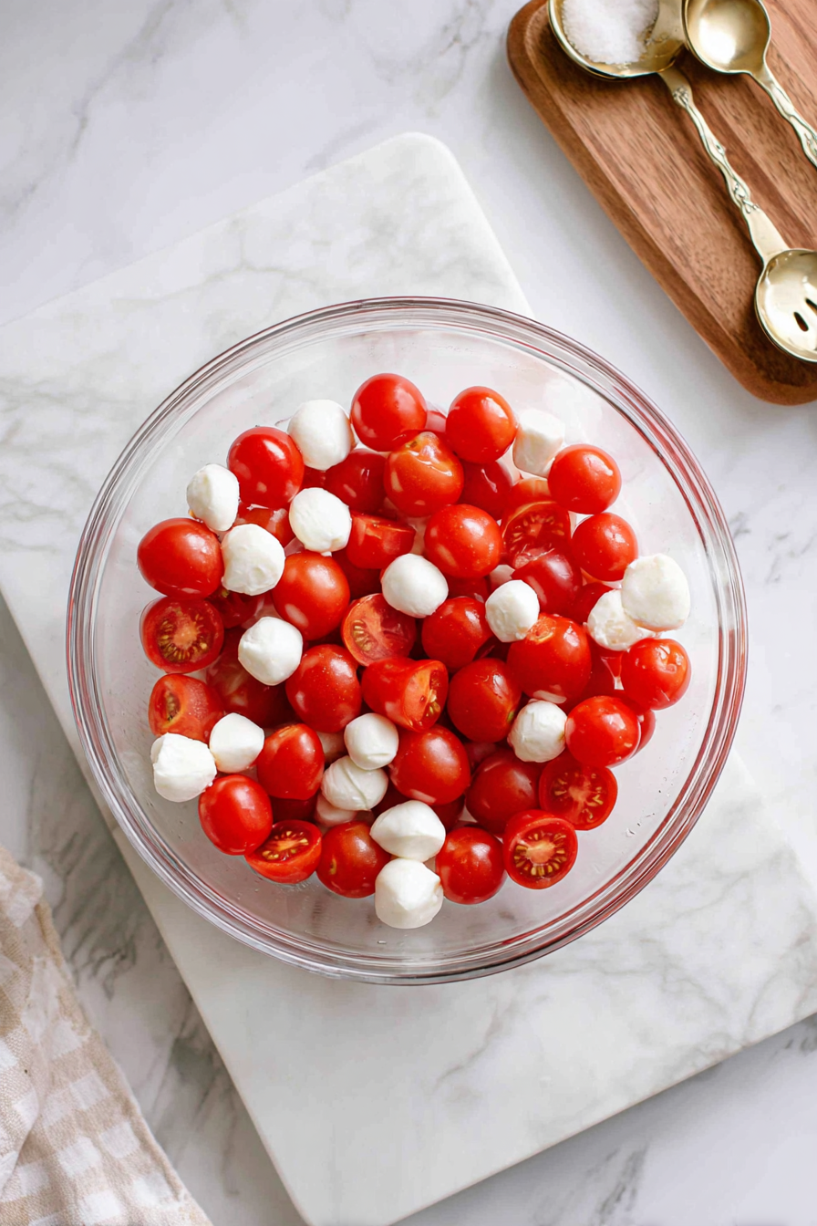 Add fresh mozzarella pearls to the bowl.