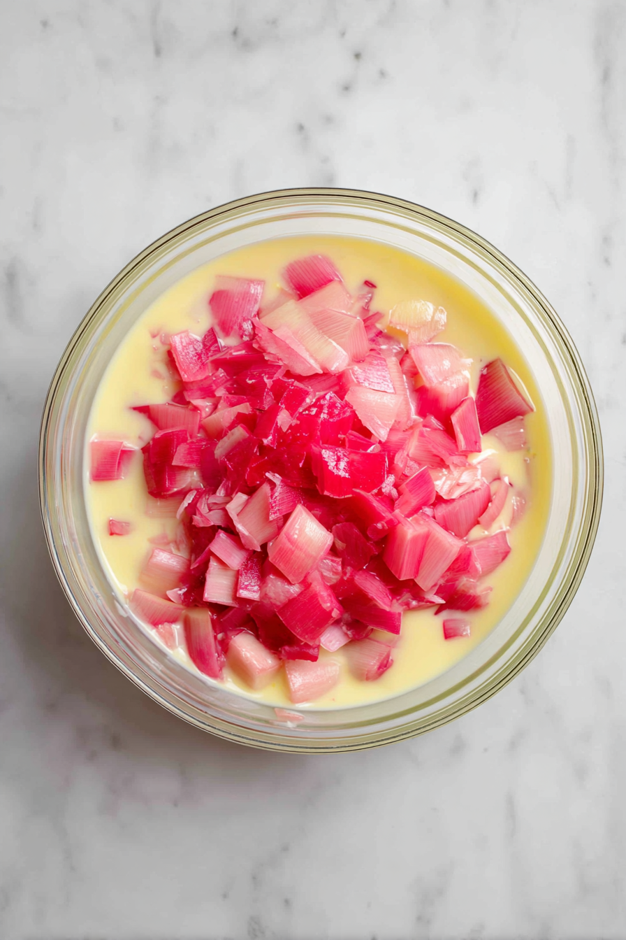Fold in chopped rhubarb and stir gently.