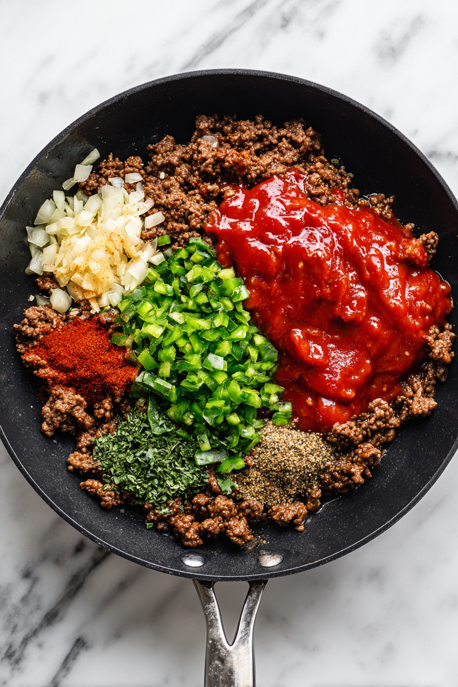 Add chili powder, paprika, cumin, salt, pepper, salsa, enchilada sauce, corn, and beans. Simmer for 5–7 minutes.