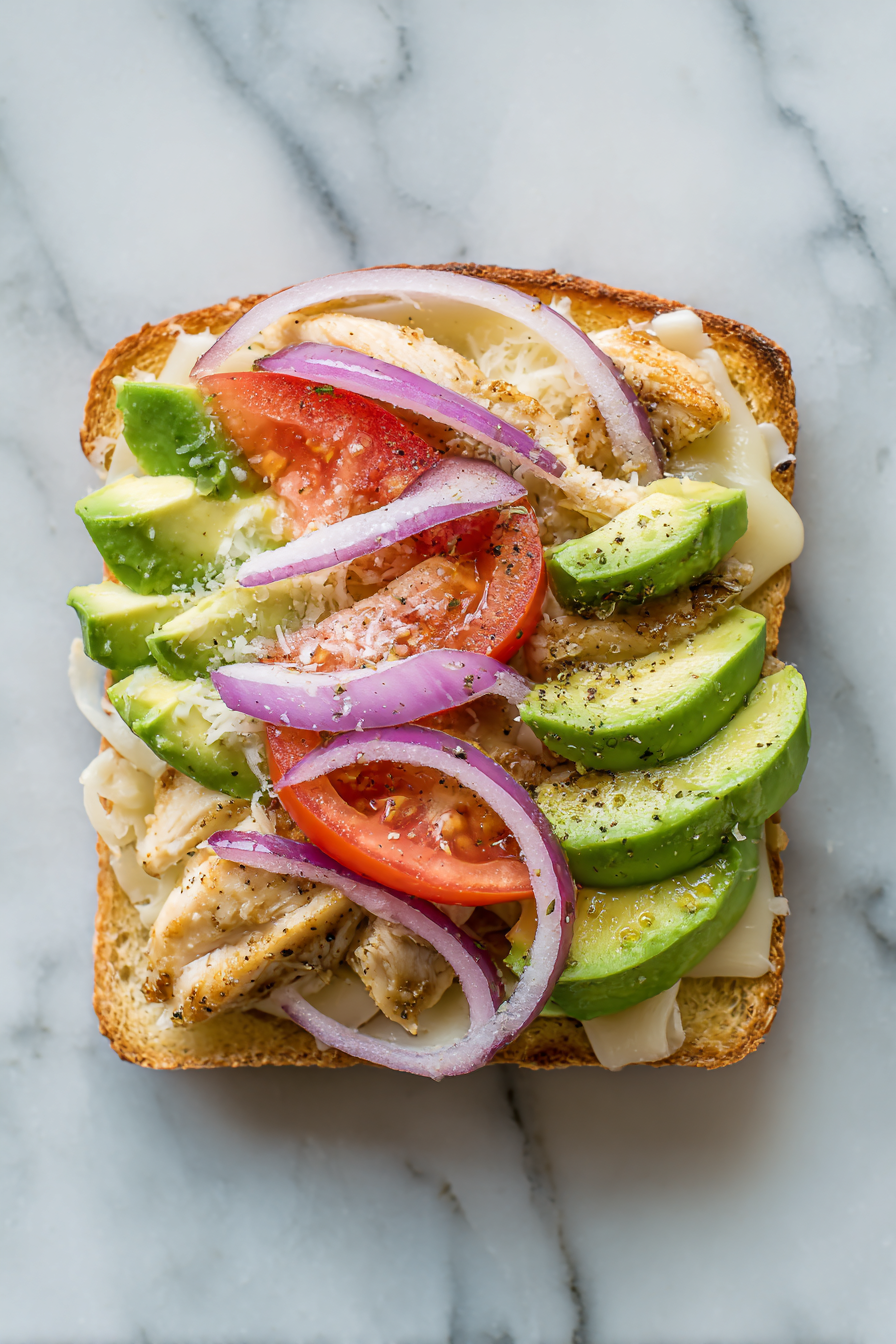 Layer each sandwich with cheese, sliced chicken, avocado, red onion, and tomato.