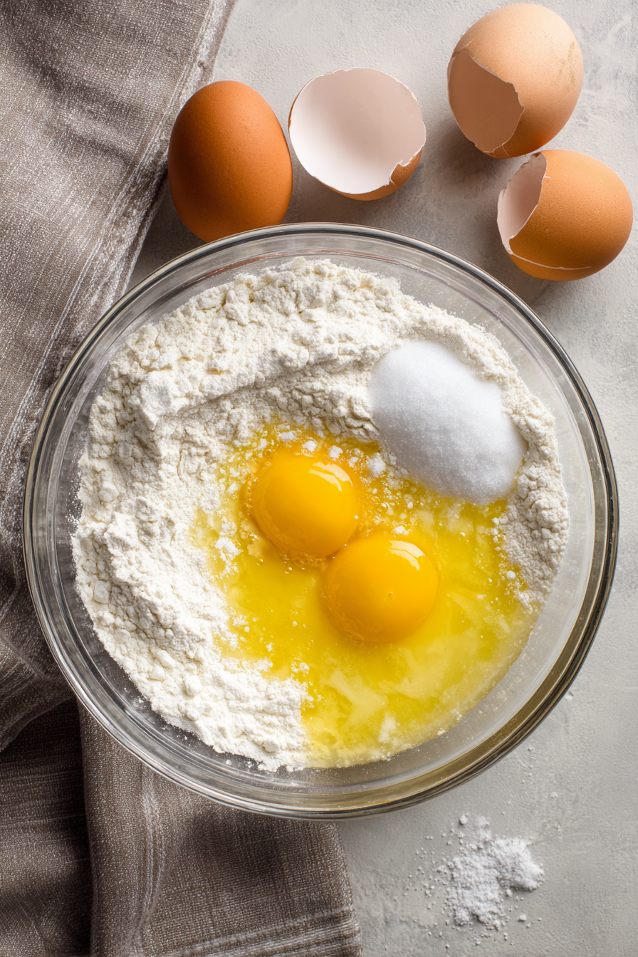 While the crust bakes, beat eggs, sugar, salt, and ½ cup flour until smooth.