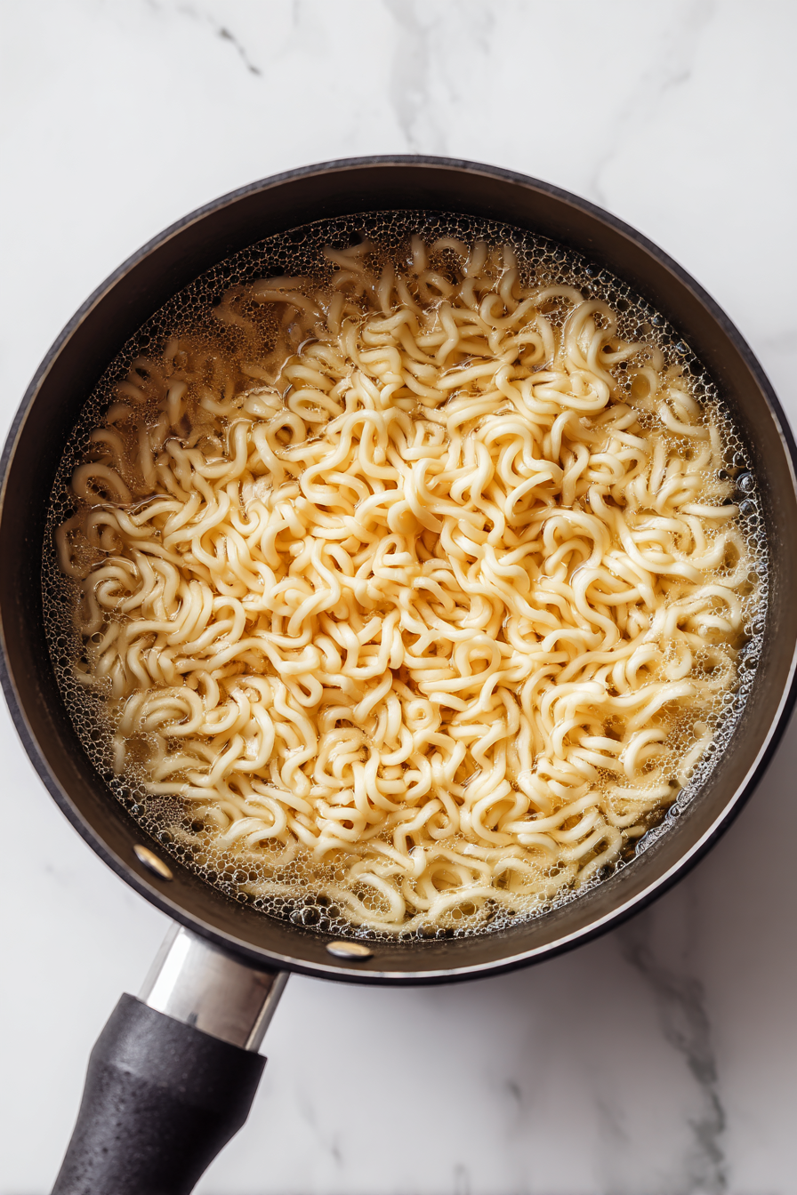 Boil the ramen noodles in water until just cooked; reserve ¼ cup of pasta water and drain the rest.