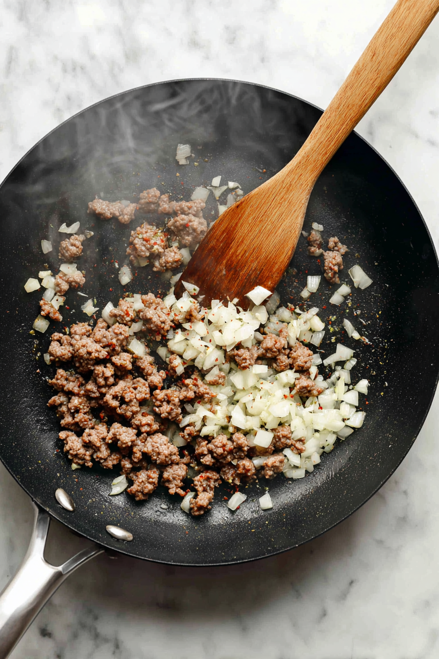 In a skillet, cook ground beef with onions, garlic, and jalapeños until browned.