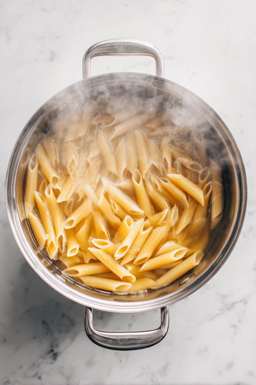 Boil water in a large pot, add salt, and cook the penne pasta until al dente. Drain and set aside.