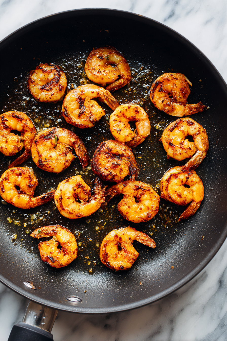 Heat a skillet over medium-high heat with a little oil. Cook shrimp for 2–3 minutes per side until blackened and cooked through.