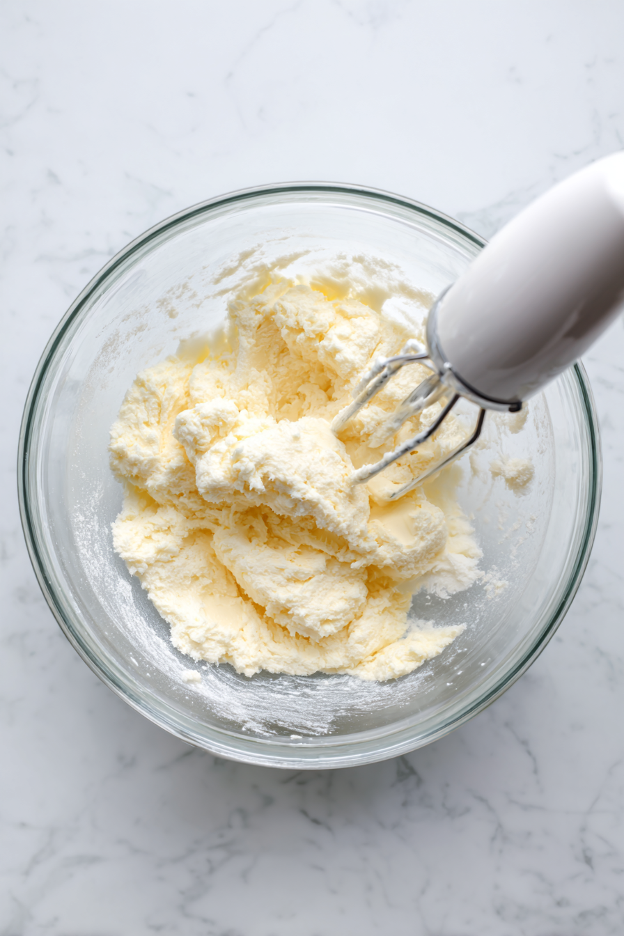 In a large bowl, cream together softened butter and sugar until light and fluffy.