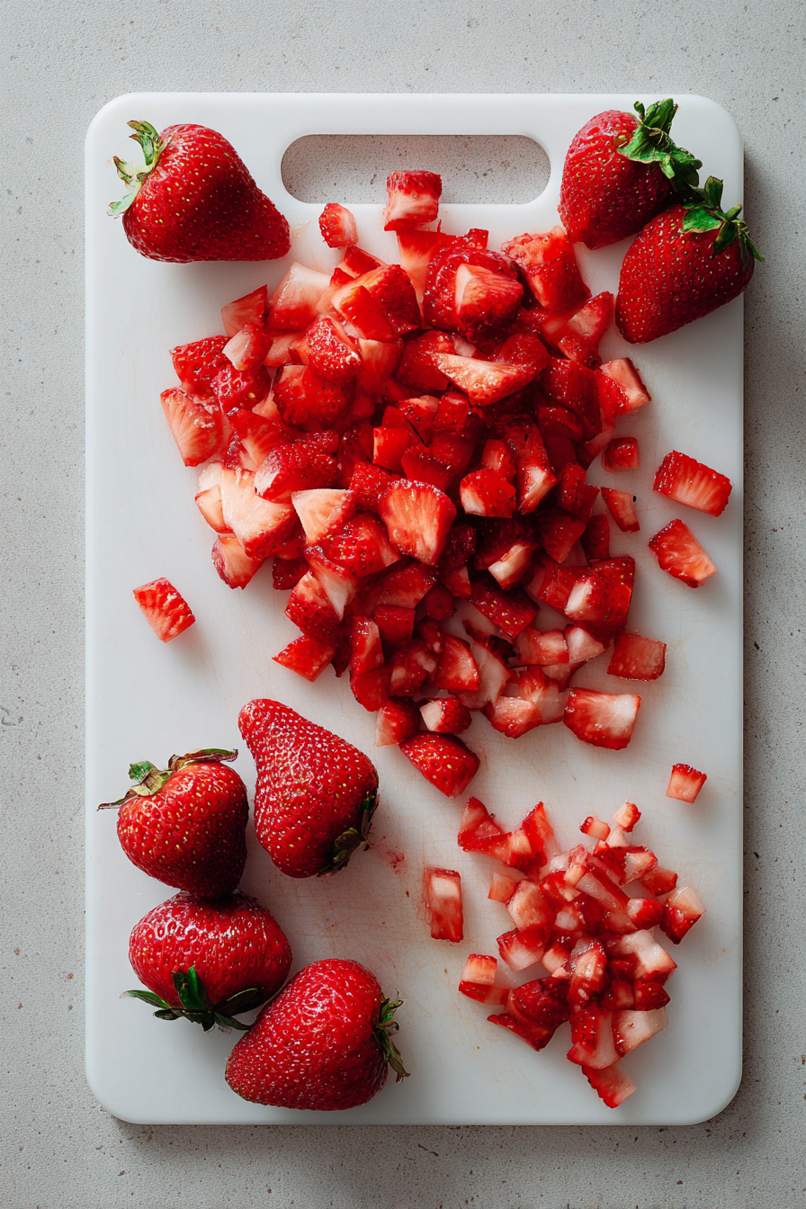 Dice strawberries into small, even chunks.