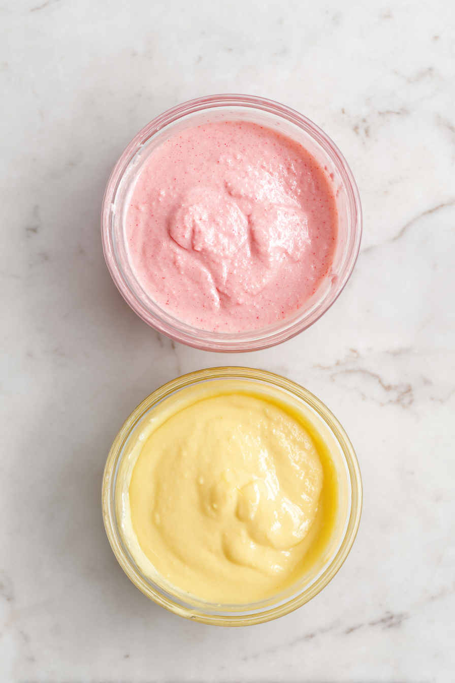 Divide the batter into two add strawberry flavor to one, mango to the other.
