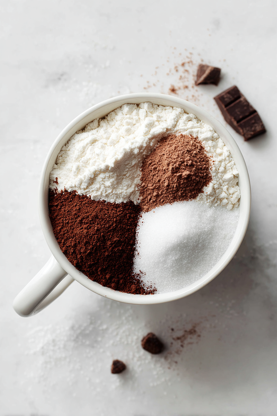 Add flour, sugar, cocoa powder, baking powder, and salt into the mug.