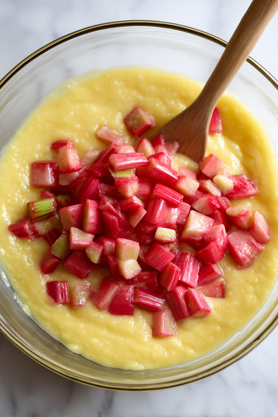 Fold in the chopped rhubarb gently.