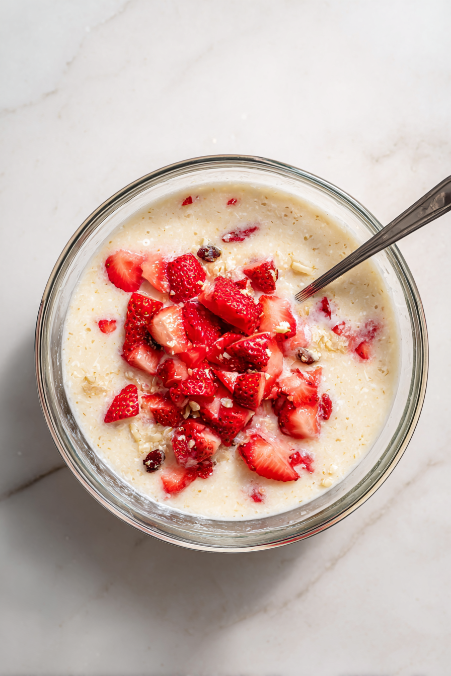 Fold in chopped strawberries and raisins (if using).