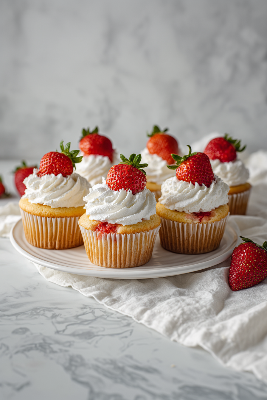 Whip cream with sugar and vanilla until stiff peaks form. Pipe or spoon onto cupcakes and serve.