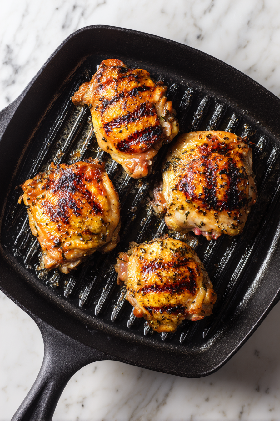 Add chicken thighs and cook 5–7 minutes per side, until fully cooked and golden.