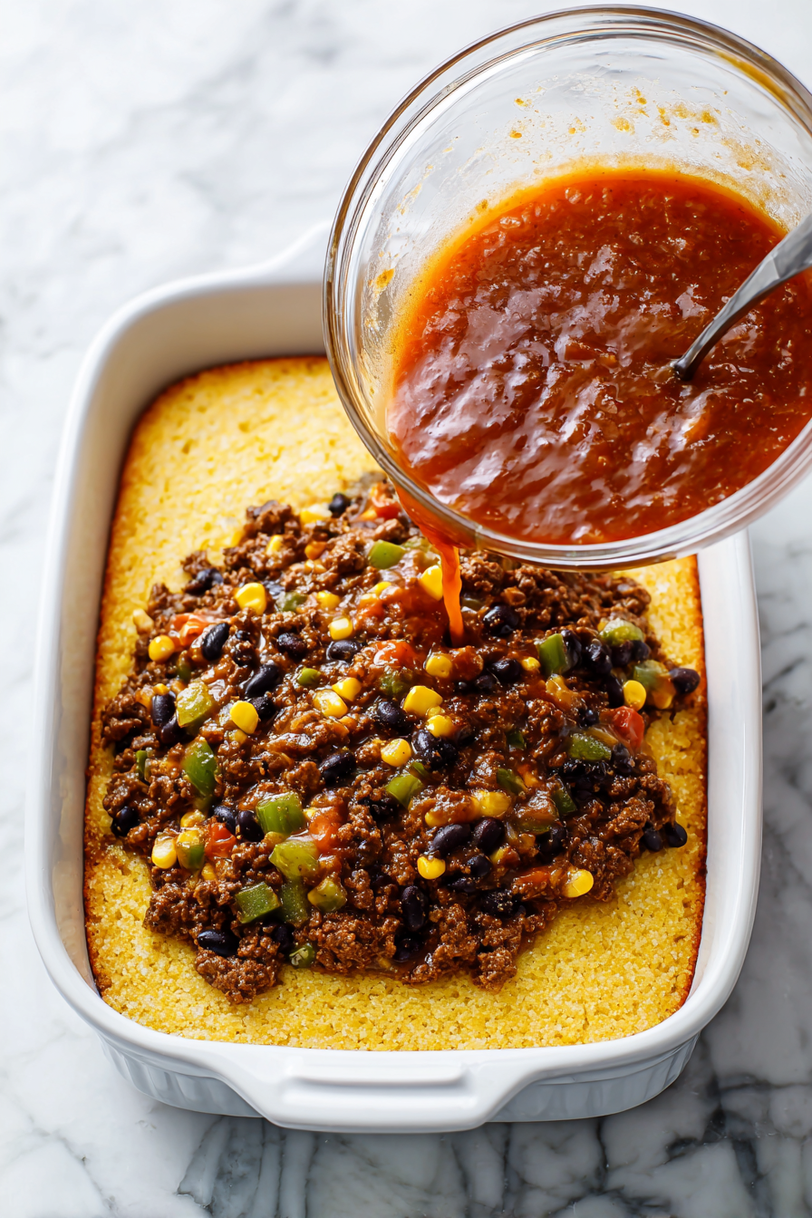 Spread the meat mixture evenly into a greased baking dish.
